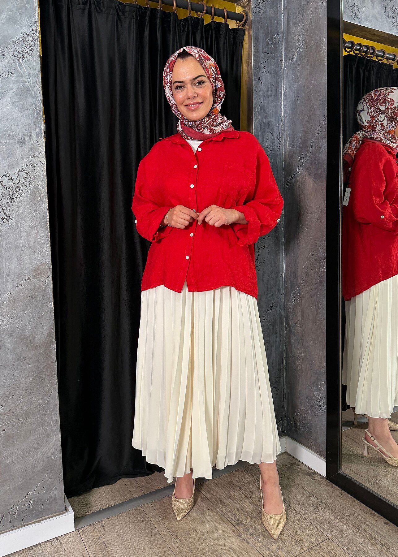 Nazlınur Collection Keten Gömlek KIRMIZI - 2