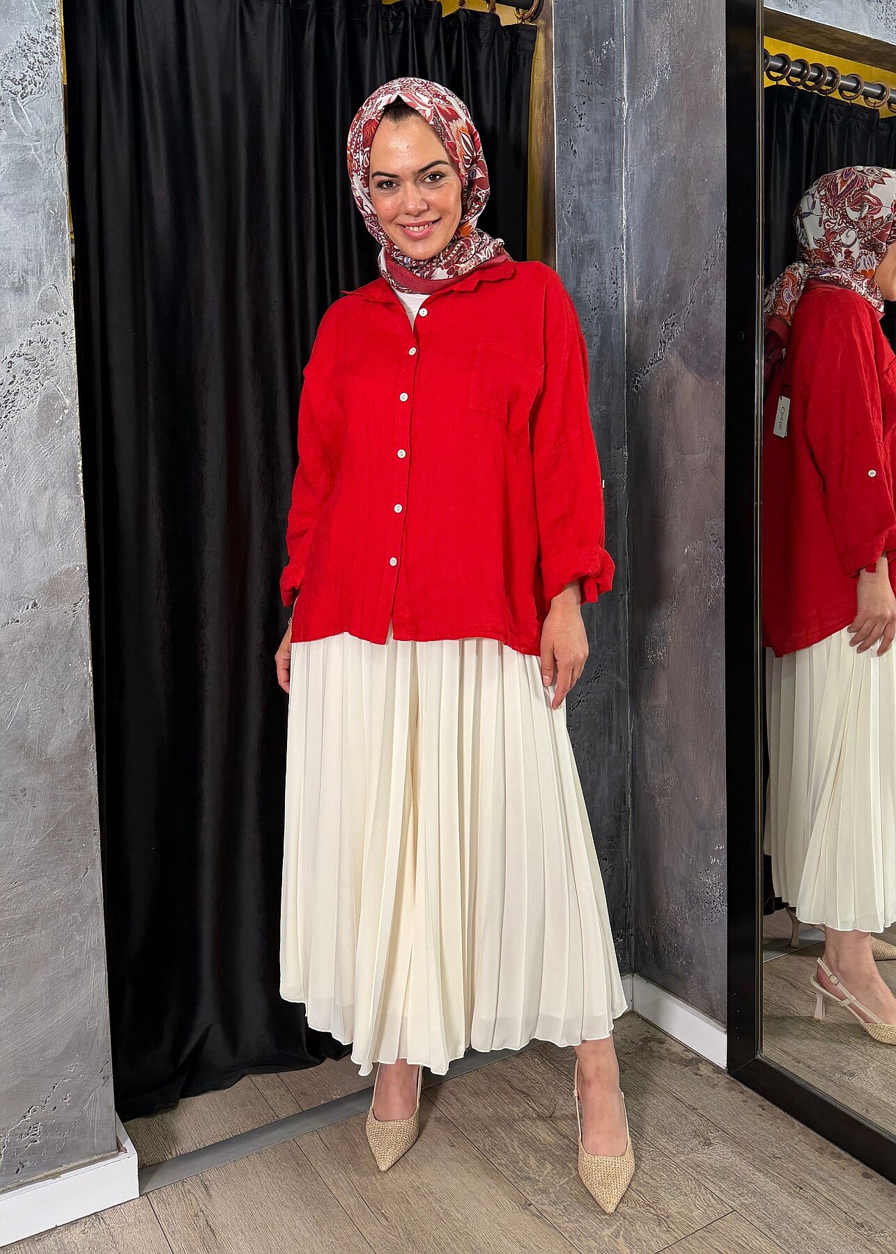 Nazlınur Collection Keten Gömlek KIRMIZI - 3