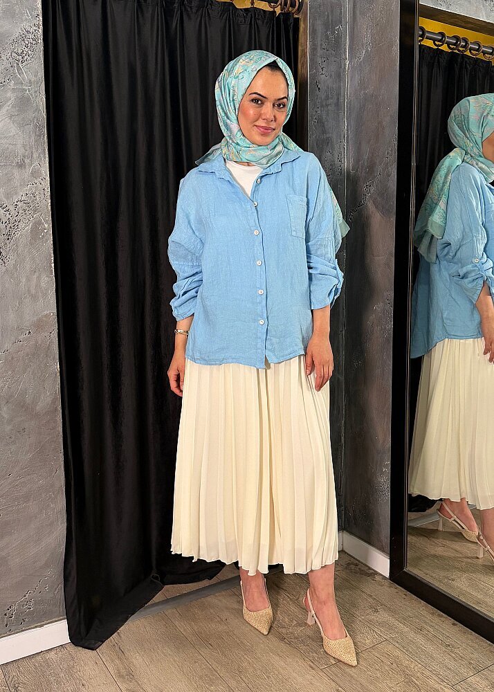 Nazlınur Collection Keten Gömlek MAVİ - 4
