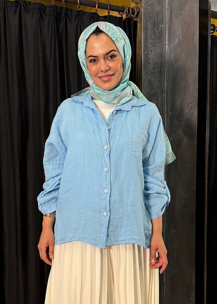 Nazlınur Collection Keten Gömlek MAVİ