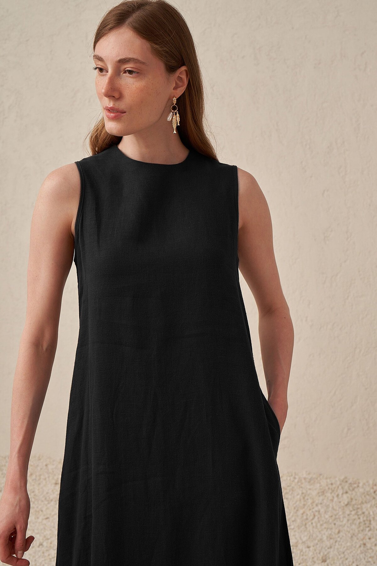 Nazlınur Collection Kolsuz A Kalıp Keten Elbise SİYAH - 4