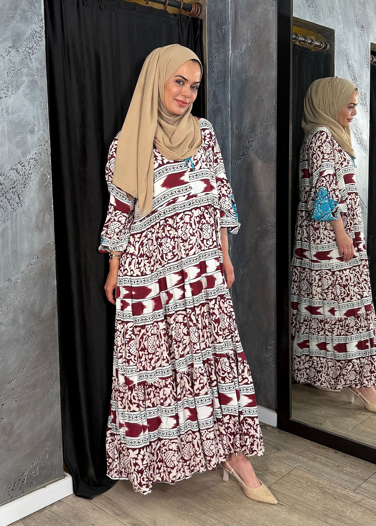 Nazlınur Collection Kolu Nakışlı Elbise BORDO - 4