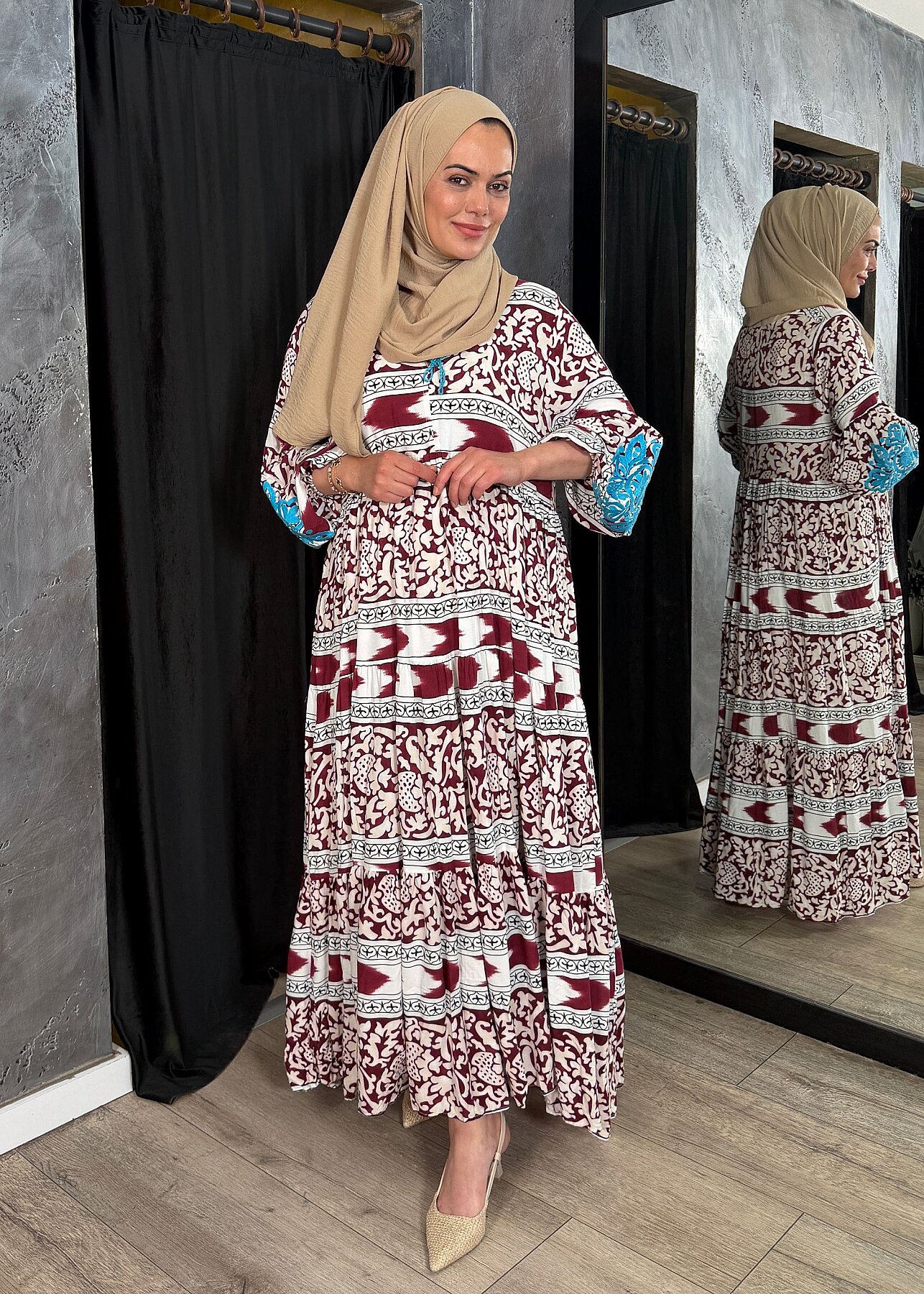 Nazlınur Collection Kolu Nakışlı Elbise BORDO - 5