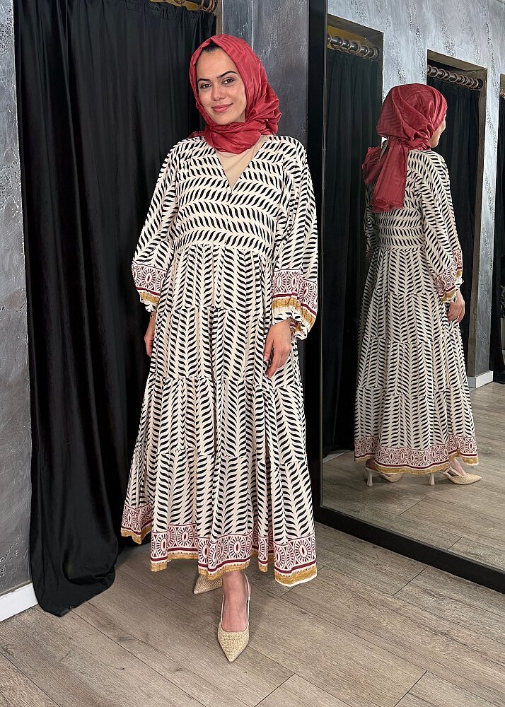 Nazlınur Collection Kolu Ve Etek Ucu Etnik Desenli Pamuklu Elbise BORDO - 2
