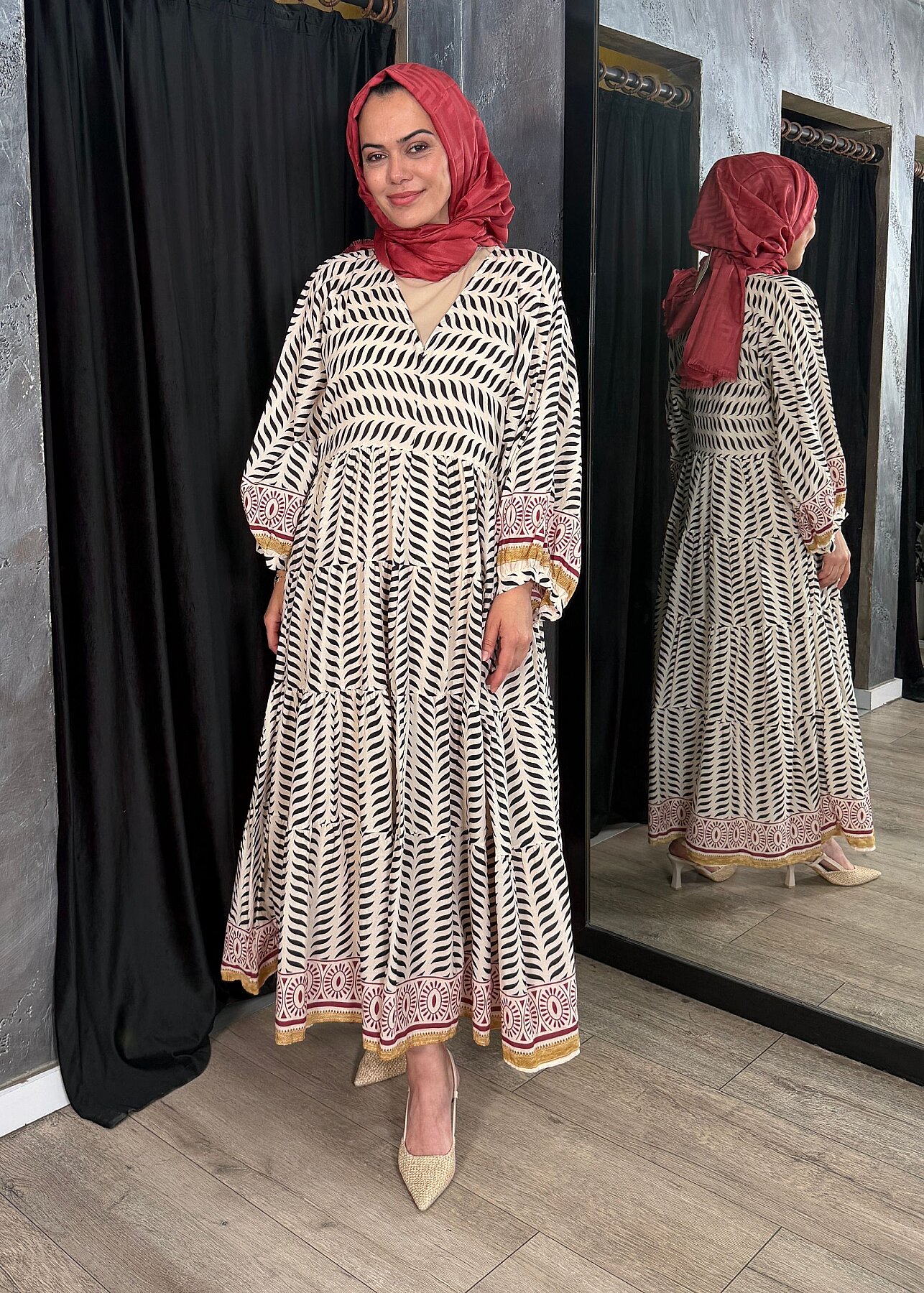 Nazlınur Collection Kolu Ve Etek Ucu Etnik Desenli Pamuklu Elbise BORDO - 2