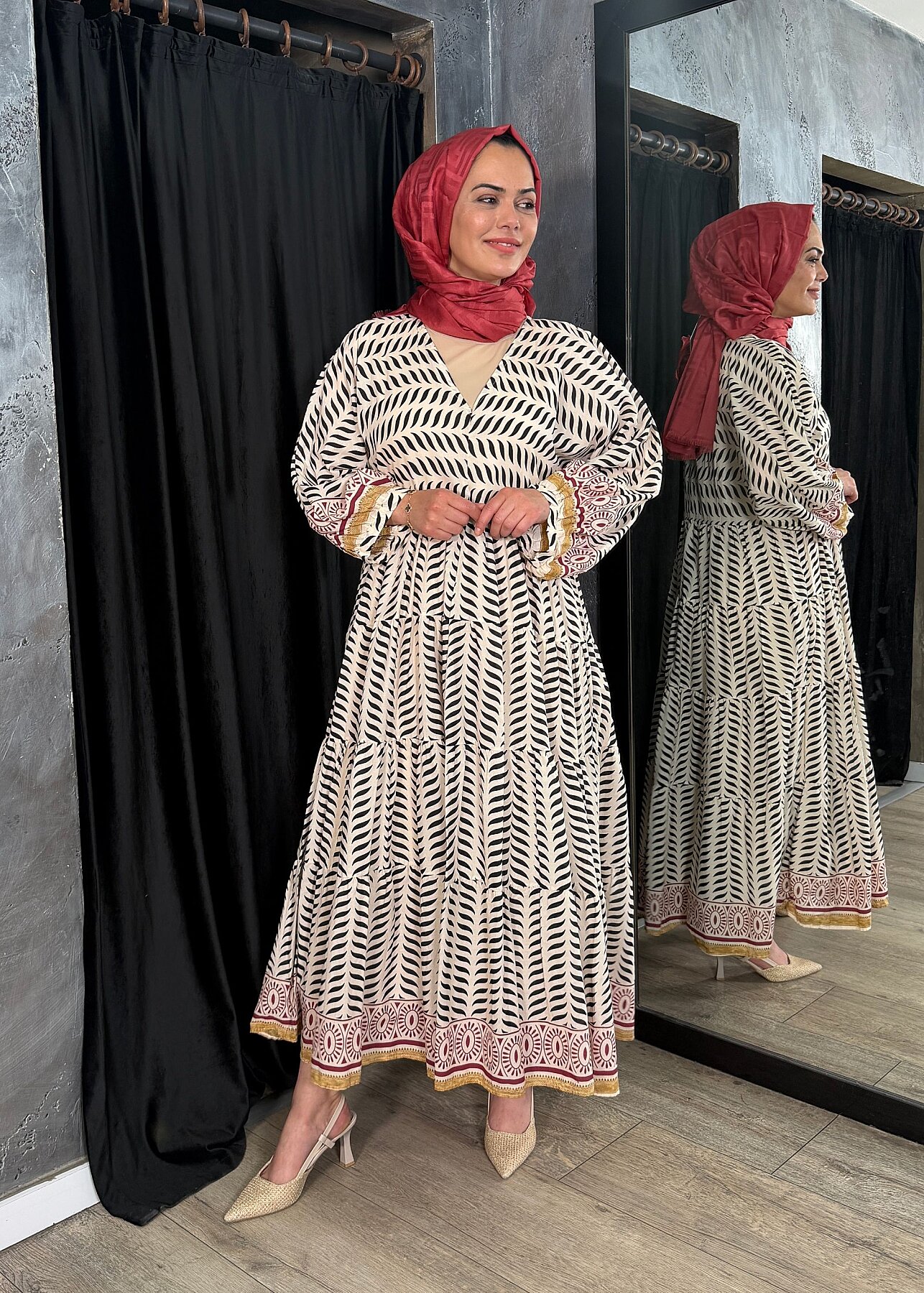 Nazlınur Collection Kolu Ve Etek Ucu Etnik Desenli Pamuklu Elbise BORDO - 8