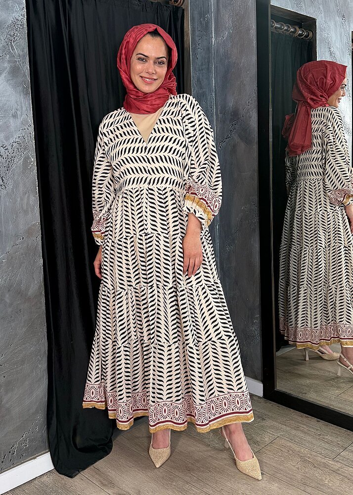 Nazlınur Collection Kolu Ve Etek Ucu Etnik Desenli Pamuklu Elbise BORDO - 9