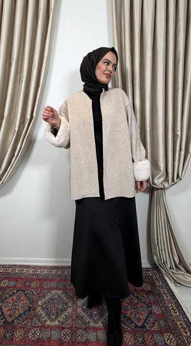 Nazlınur Collection Lora Kolu Kürklü Fox Kaban BEJ - 3