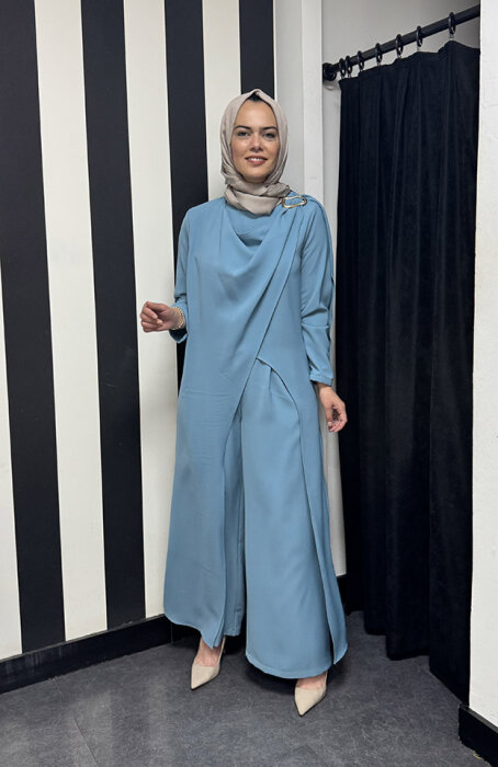 Nazlınur Collection Omuzu Detaylı Konkort Kumaş Takım BEBE MAVİ - 2