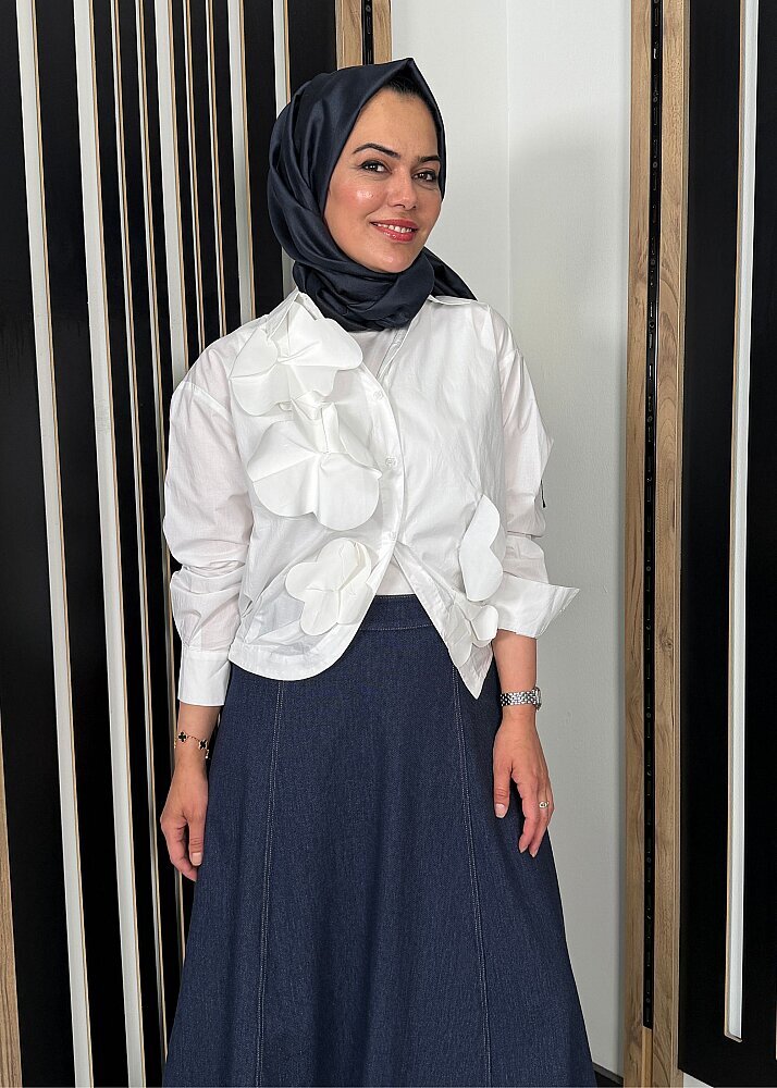 Nazlınur Collection Önü Çiçekli Gömlek BEYAZ