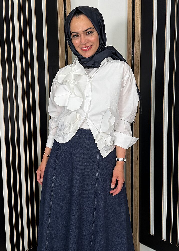 Nazlınur Collection Önü Çiçekli Gömlek BEYAZ - 3
