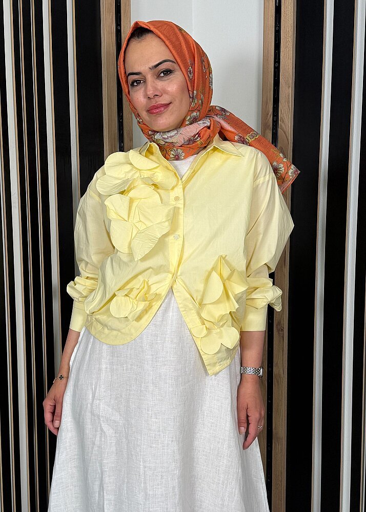 Nazlınur Collection Önü Çiçekli Gömlek SARI
