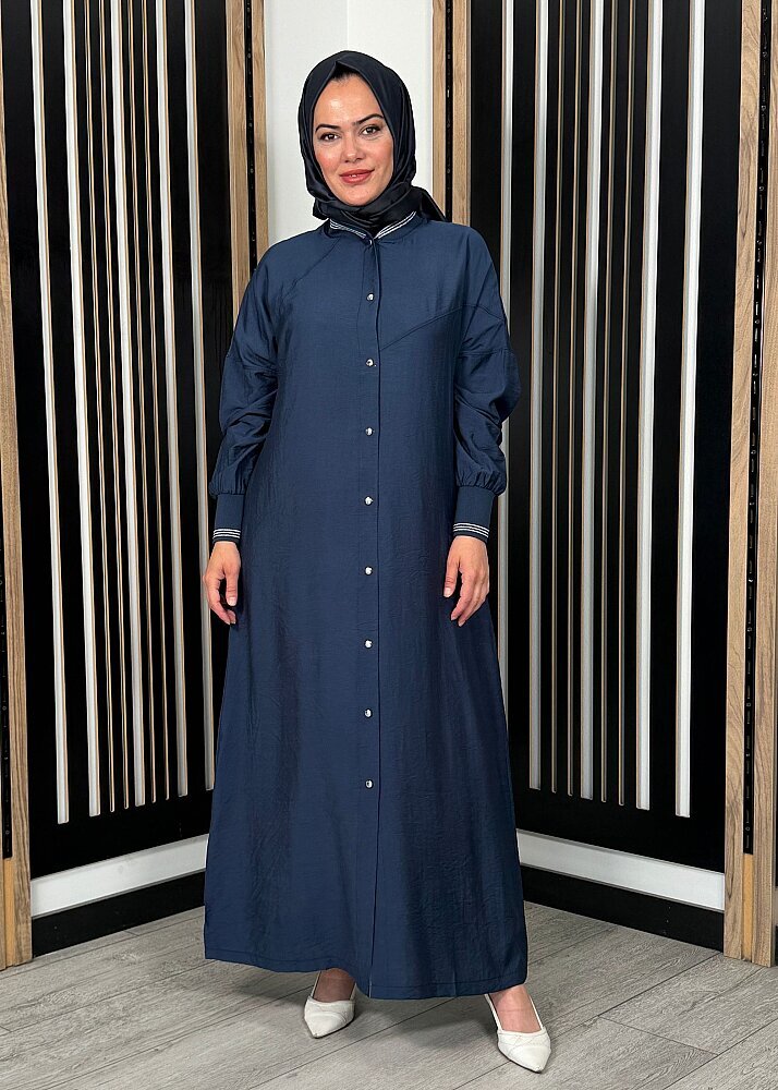 Nazlınur Collection Önü Çıtçıtlı Yakası Lastikli Kap LACİVERT - 3