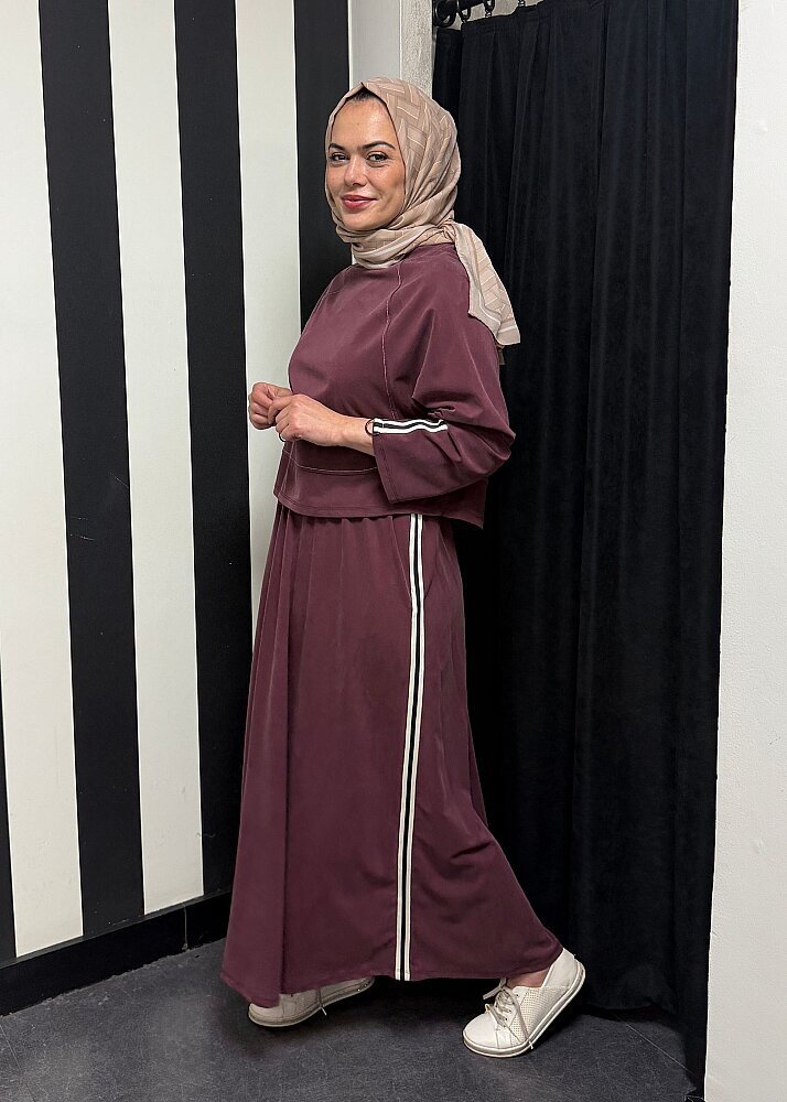Nazlınur Collection Önü Dikiş Detaylı Şeritli Takım BORDO - 9