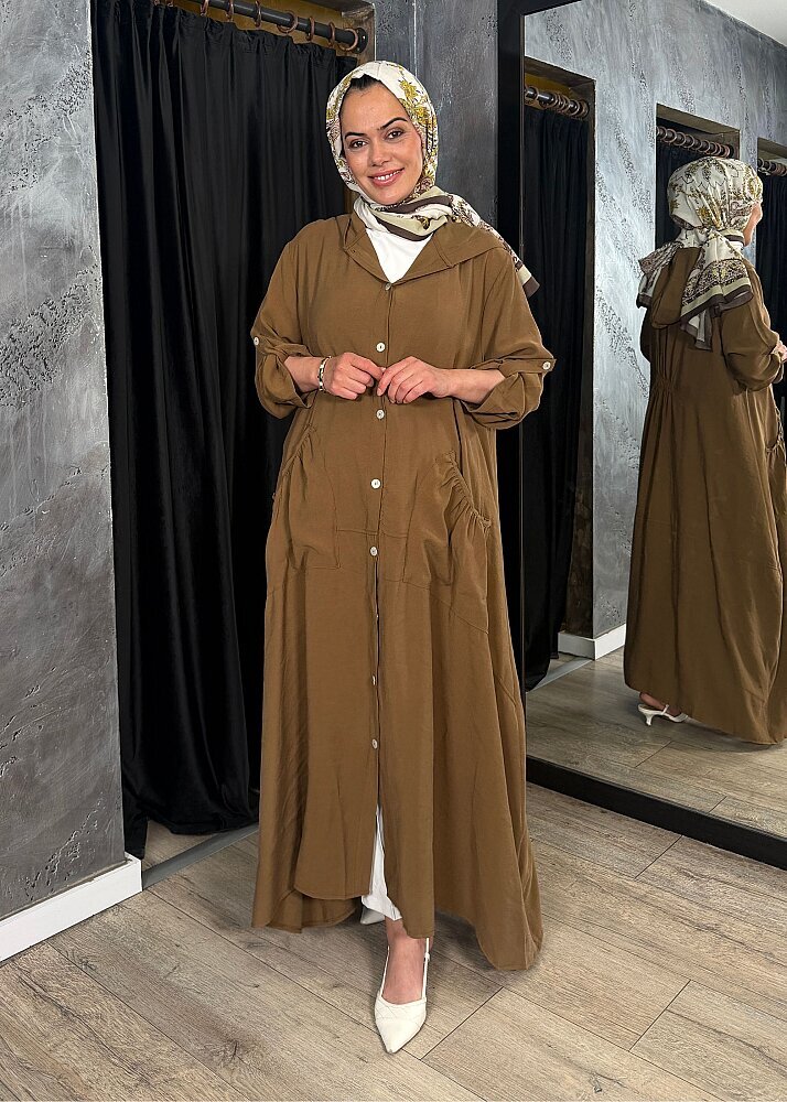 Nazlınur Collection Önü Düğmeli Kapüşonlu Kap CAMEL - 2