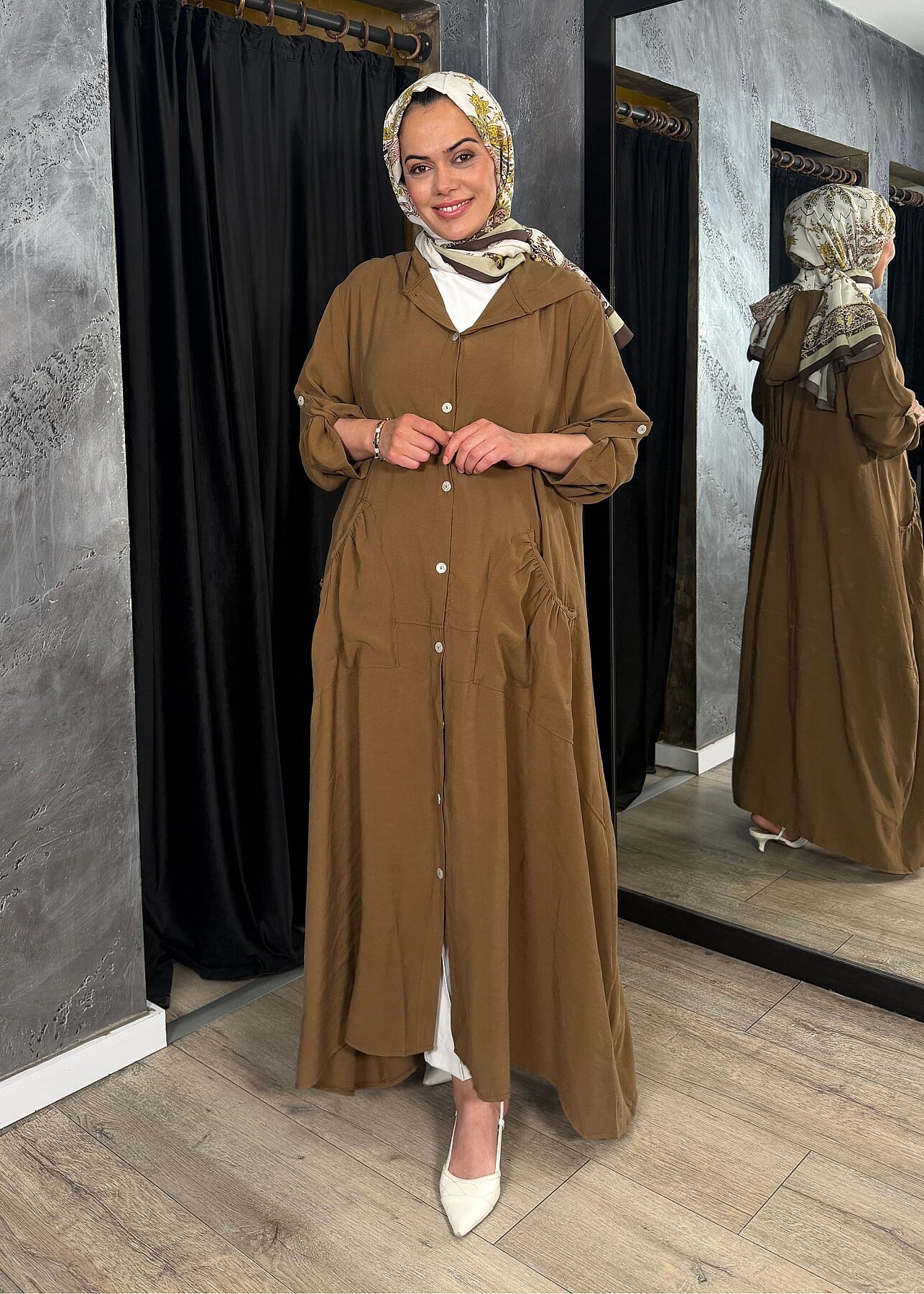 Nazlınur Collection Önü Düğmeli Kapüşonlu Kap CAMEL - 2