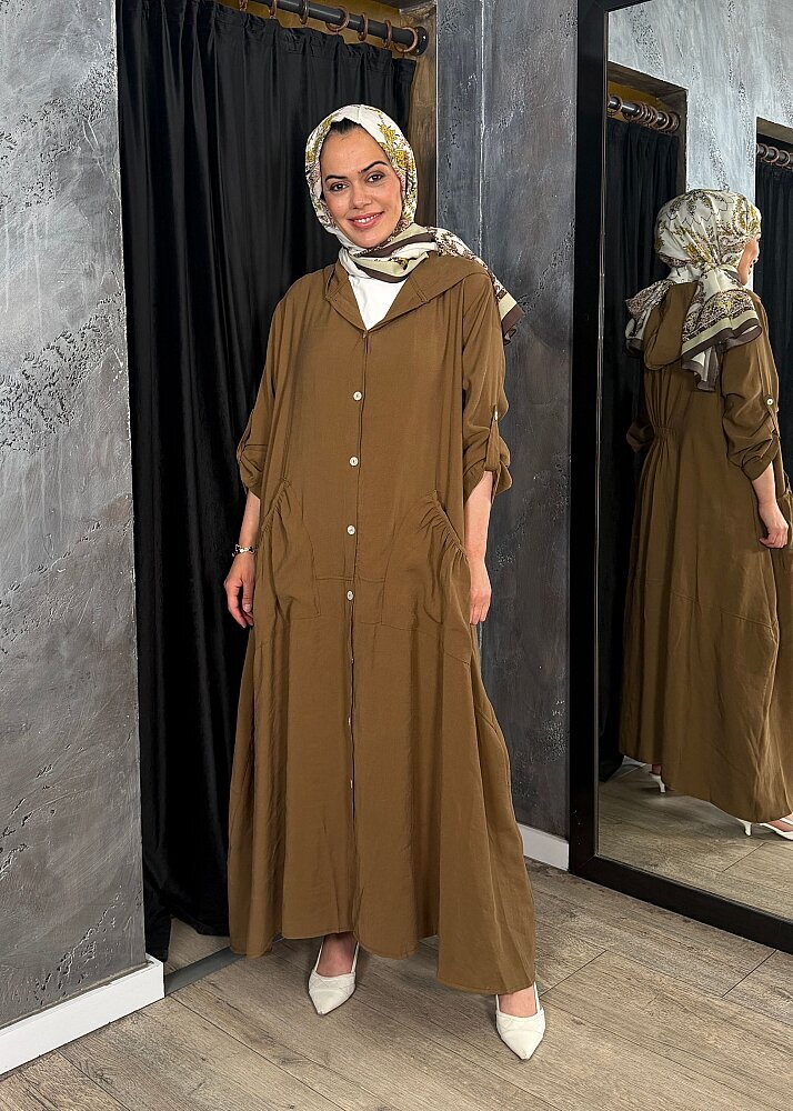 Nazlınur Collection Önü Düğmeli Kapüşonlu Kap CAMEL - 3