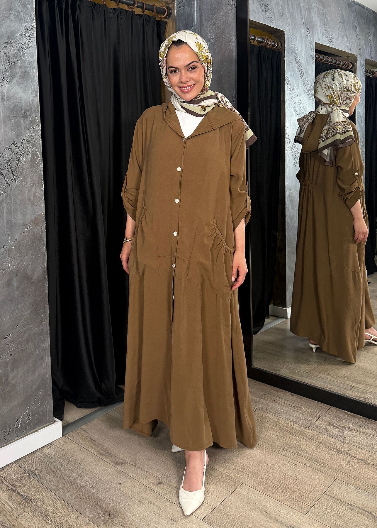Nazlınur Collection Önü Düğmeli Kapüşonlu Kap CAMEL - 1
