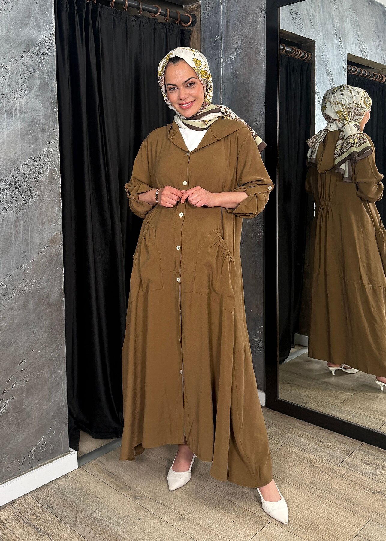 Nazlınur Collection Önü Düğmeli Kapüşonlu Kap CAMEL - 7