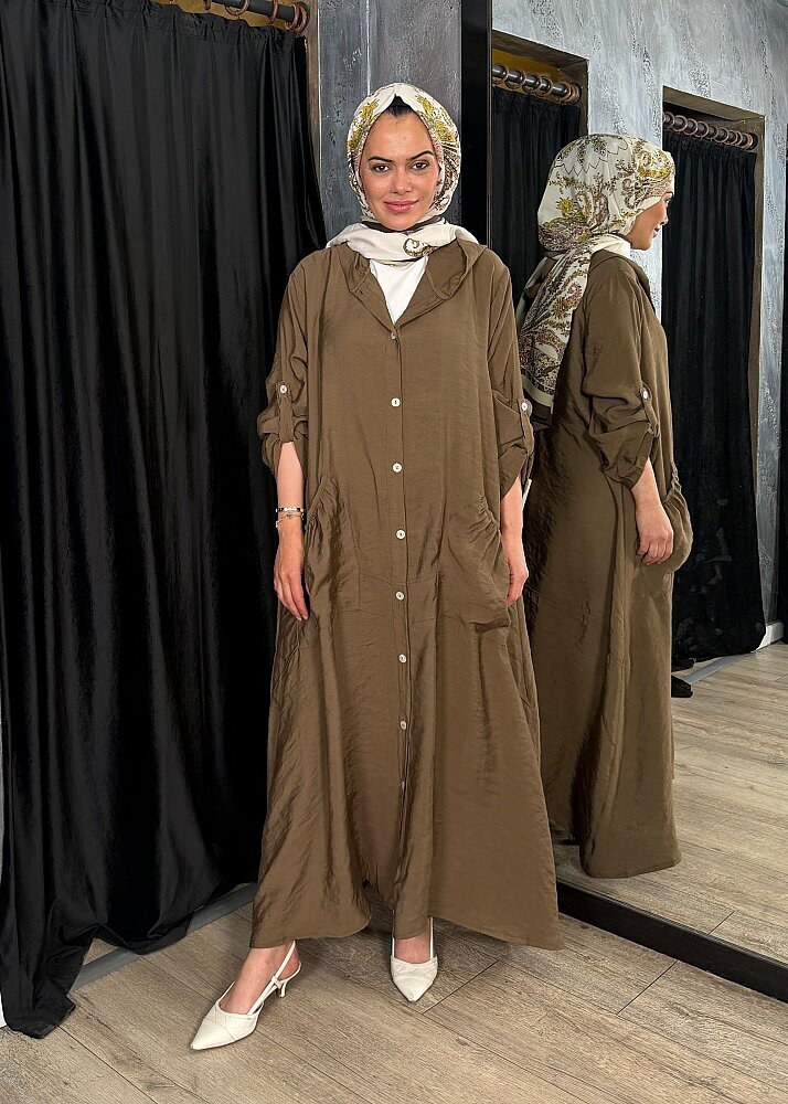 Nazlınur Collection Önü Düğmeli Kapüşonlu Kap KAHVE - 5
