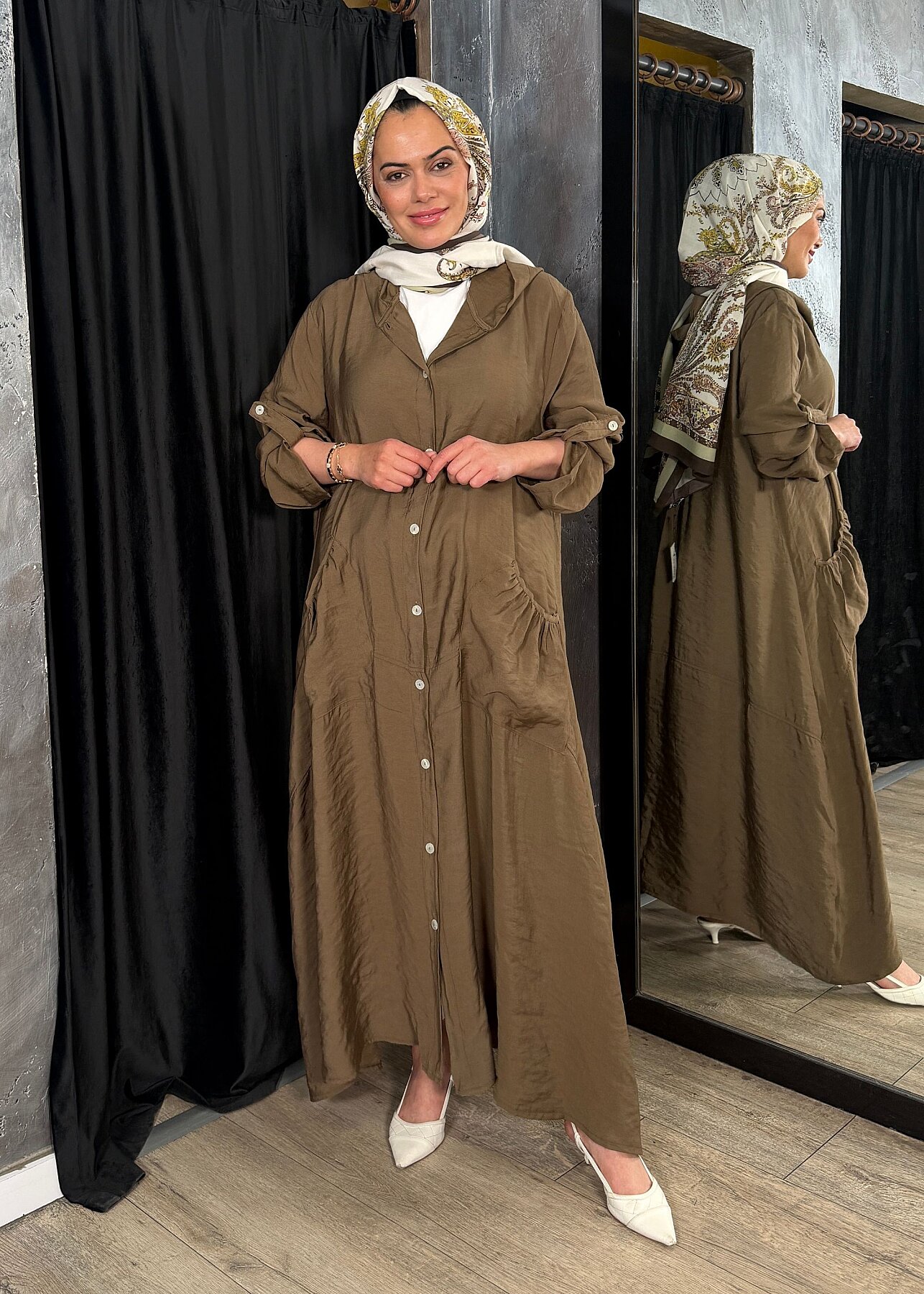 Nazlınur Collection Önü Düğmeli Kapüşonlu Kap KAHVE - 1