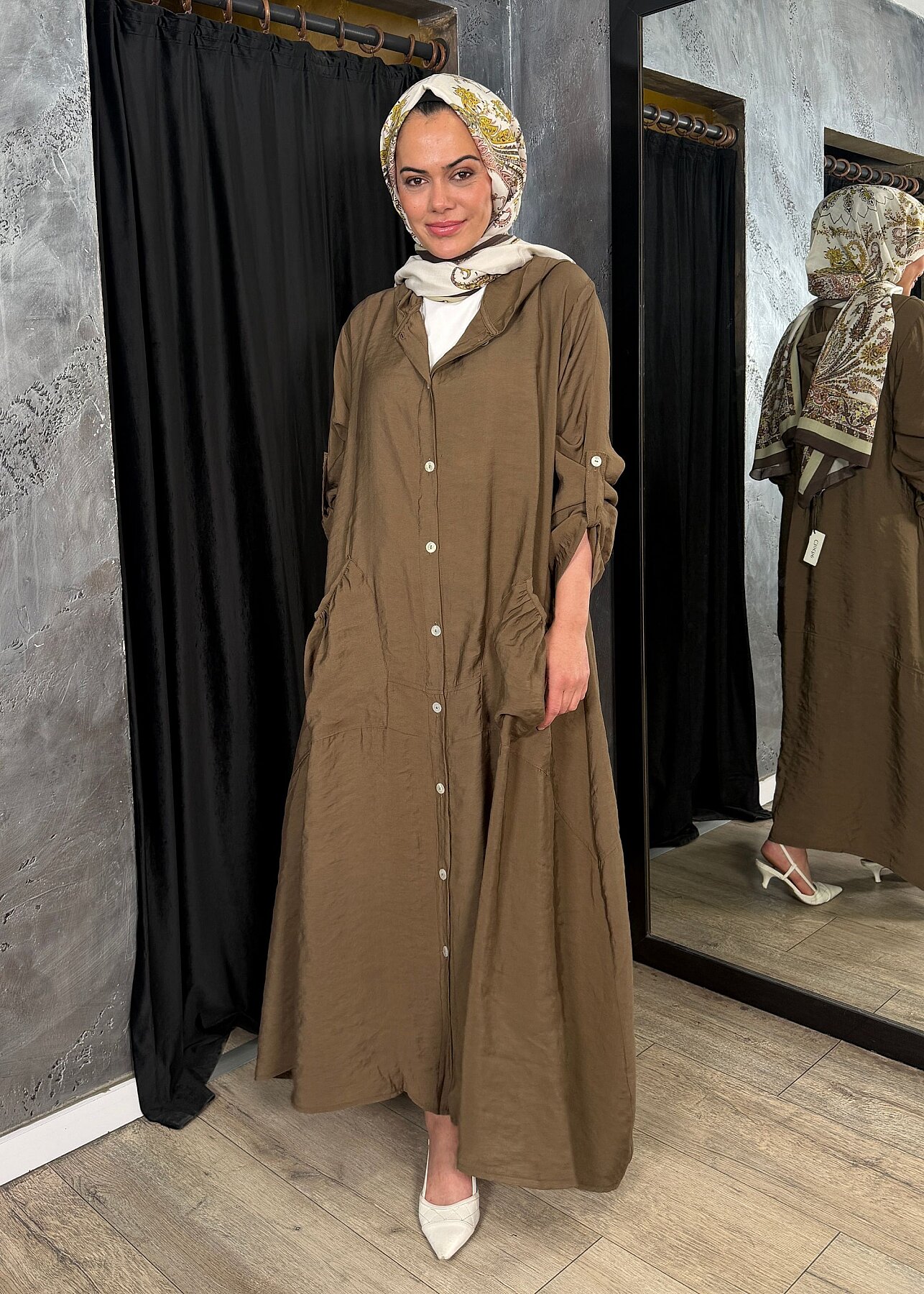 Nazlınur Collection Önü Düğmeli Kapüşonlu Kap KAHVE - 7