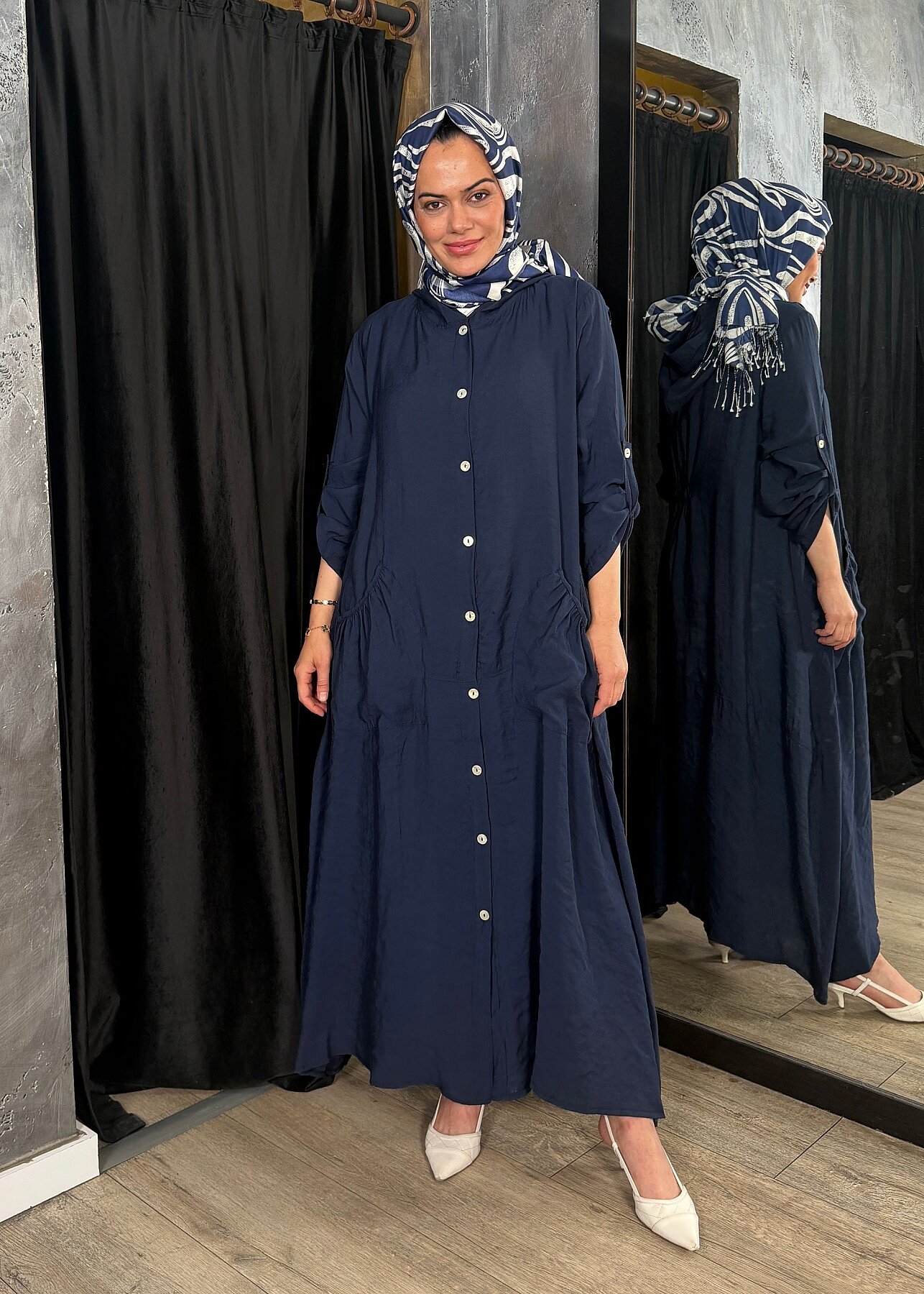 Nazlınur Collection Önü Düğmeli Kapüşonlu Kap LACİVERT - 1