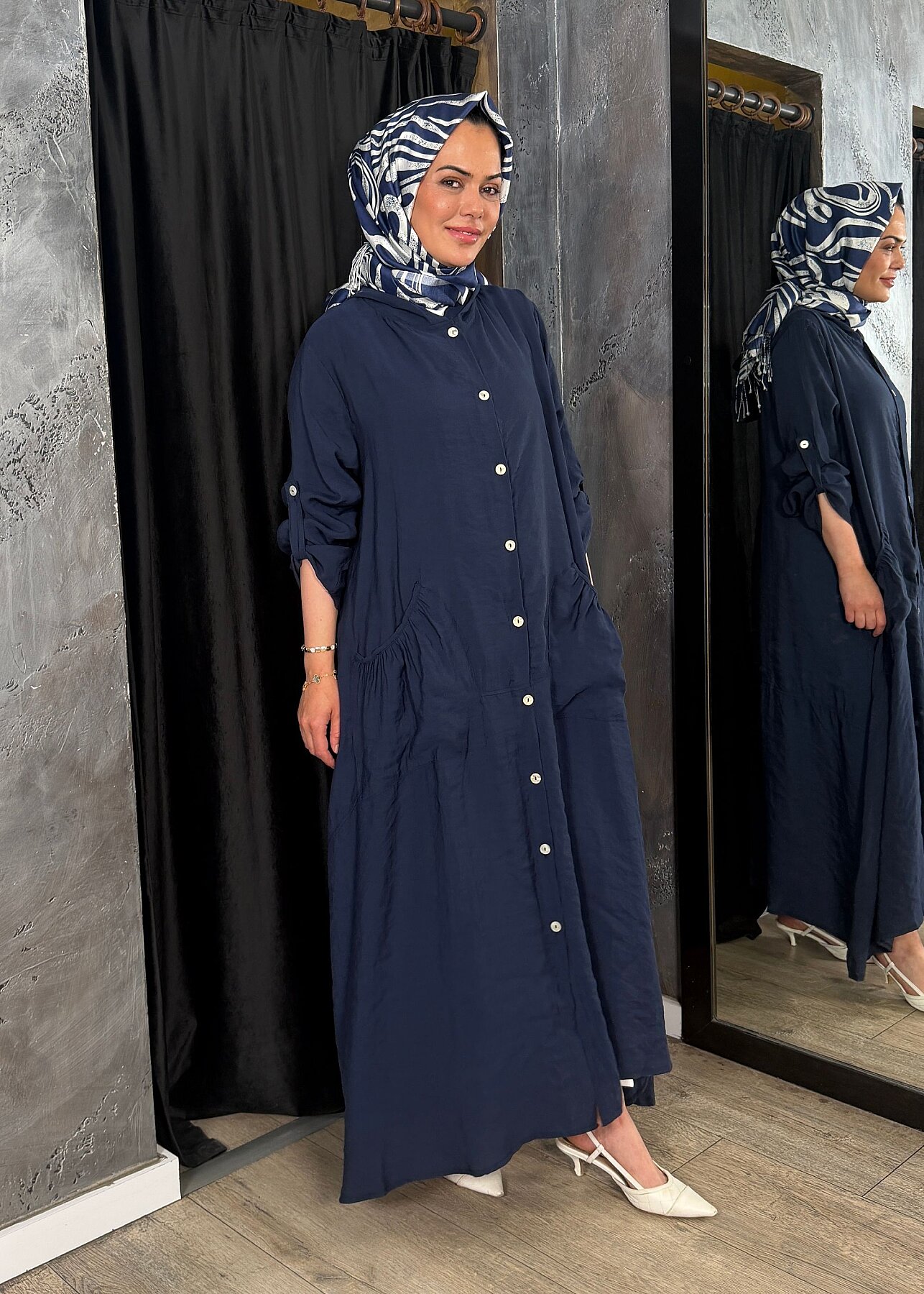 Nazlınur Collection Önü Düğmeli Kapüşonlu Kap LACİVERT - 8