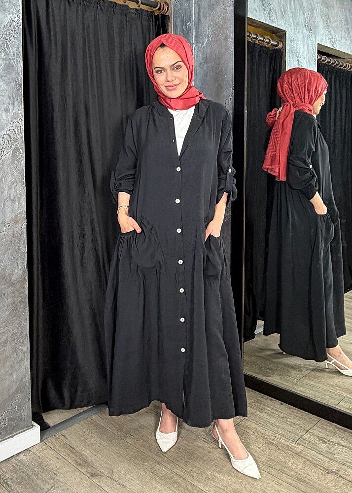 Nazlınur Collection Önü Düğmeli Kapüşonlu Kap SİYAH - 2