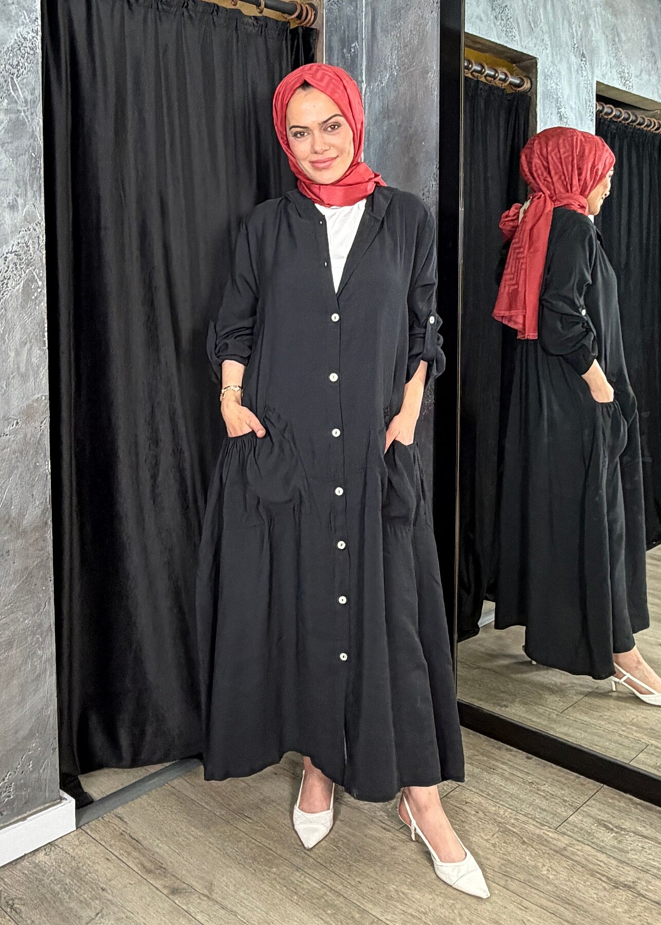 Nazlınur Collection Önü Düğmeli Kapüşonlu Kap SİYAH - 2