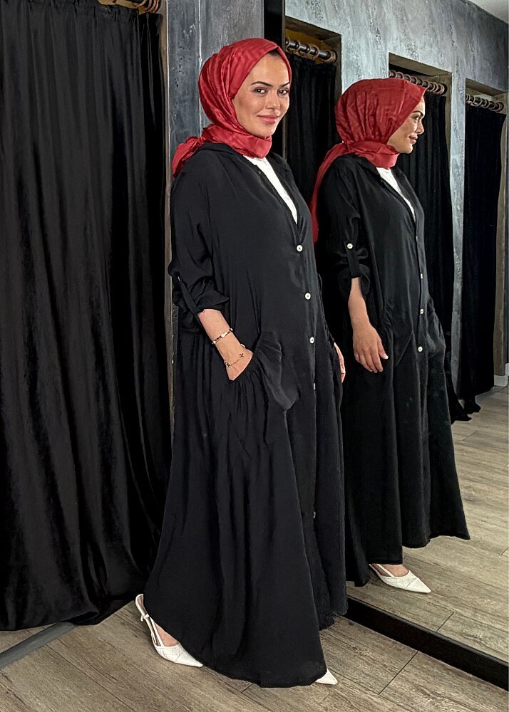 Nazlınur Collection Önü Düğmeli Kapüşonlu Kap SİYAH - 4