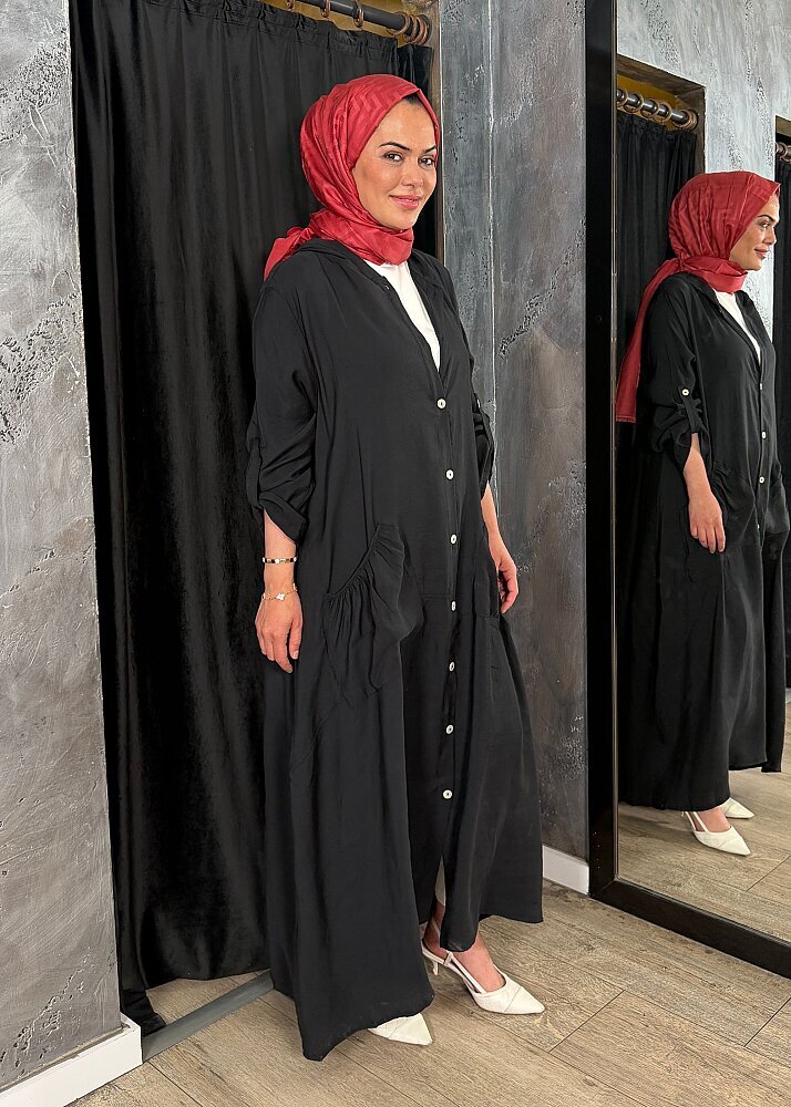 Nazlınur Collection Önü Düğmeli Kapüşonlu Kap SİYAH - 6