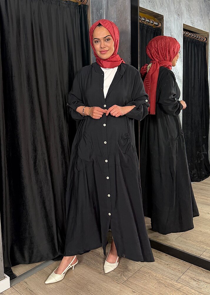 Nazlınur Collection Önü Düğmeli Kapüşonlu Kap SİYAH - 7