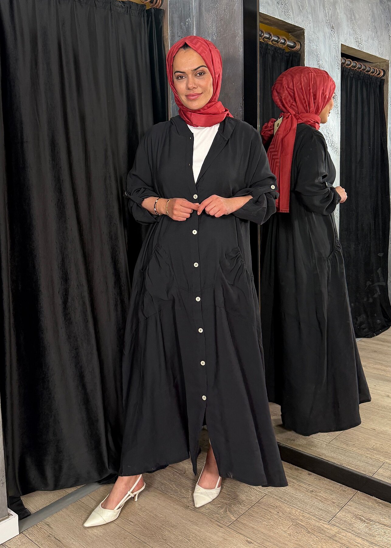 Nazlınur Collection Önü Düğmeli Kapüşonlu Kap SİYAH - 7