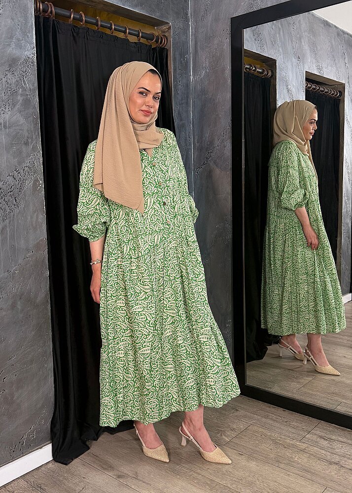 Nazlınur Collection Önü Düğmeli Yaprak Desenli Elbise YEŞİL - 3