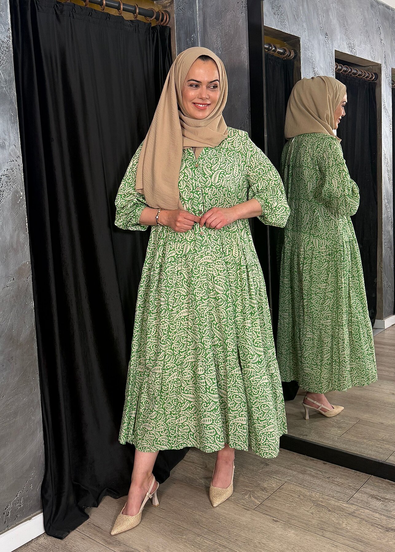 Nazlınur Collection Önü Düğmeli Yaprak Desenli Elbise YEŞİL - 6