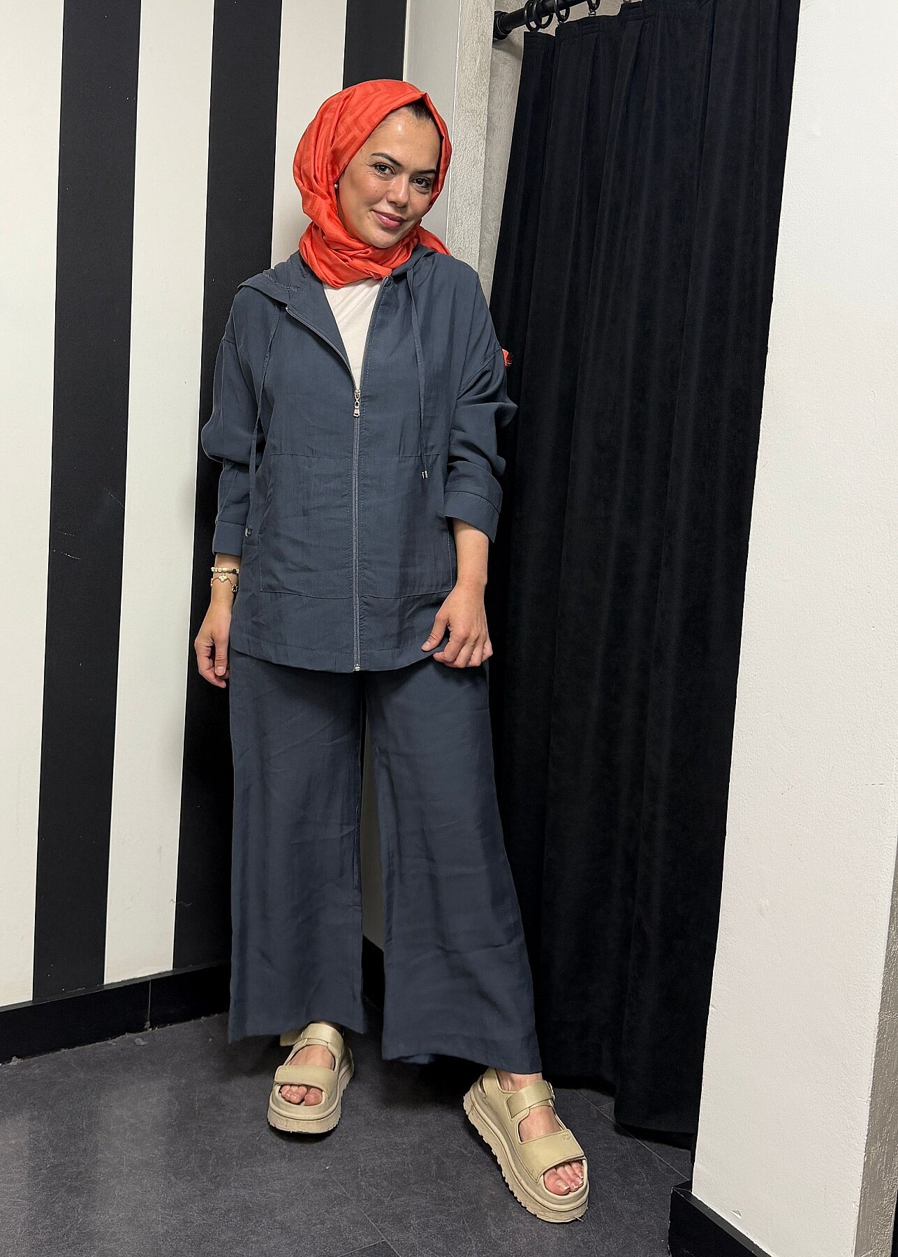 Nazlınur Collection Önü Fermuarlı ve Cepli Pantolonlu Tensel Takım ANTRASİT - 1