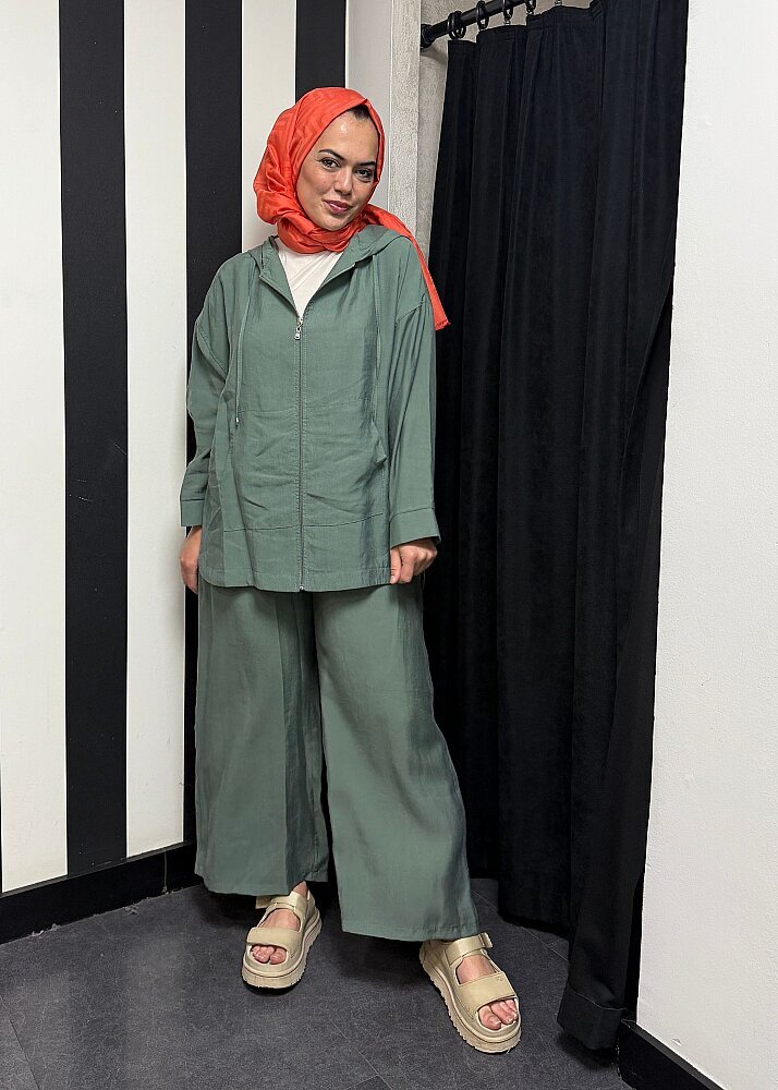 Nazlınur Collection Önü Fermuarlı ve Cepli Pantolonlu Tensel Takım ÇAĞLA - 5