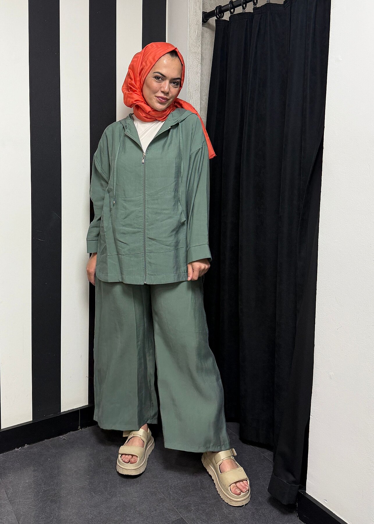 Nazlınur Collection Önü Fermuarlı ve Cepli Pantolonlu Tensel Takım ÇAĞLA - 5