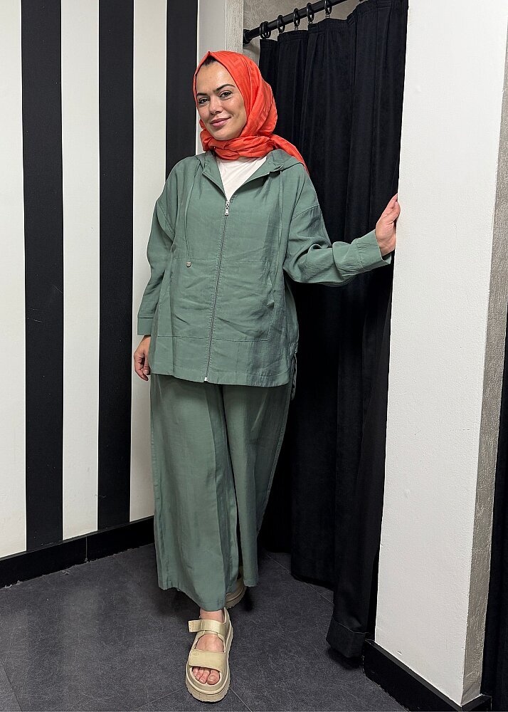 Nazlınur Collection Önü Fermuarlı ve Cepli Pantolonlu Tensel Takım ÇAĞLA - 6