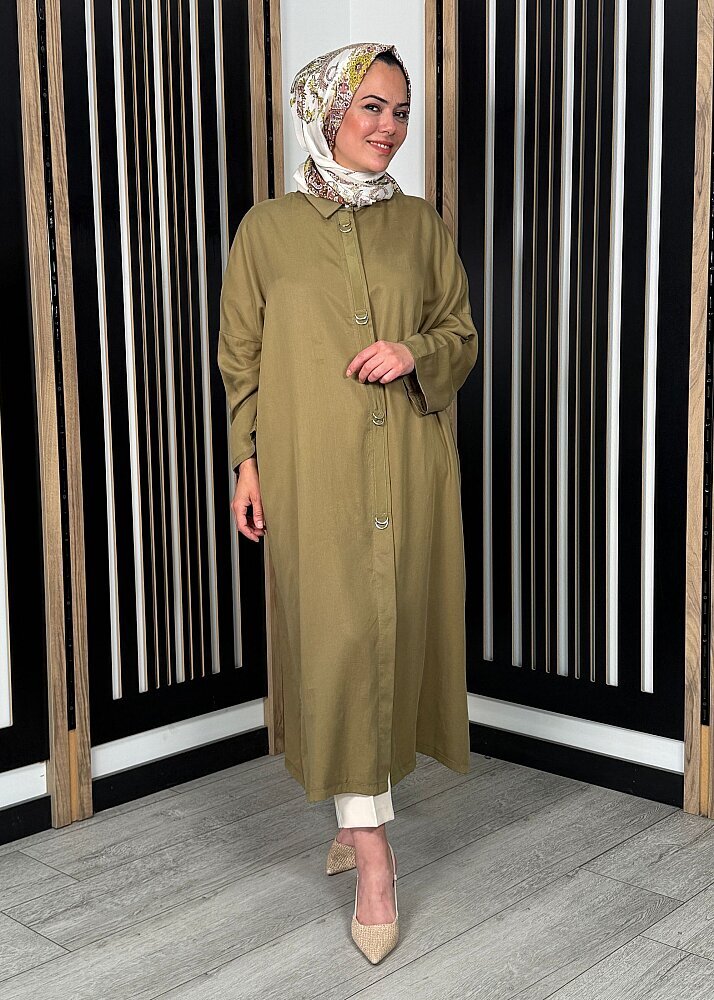 Nazlınur Collection Önü Gizli Düğmeli Yanları Yırtmaçlı Kap HAKİ - 3
