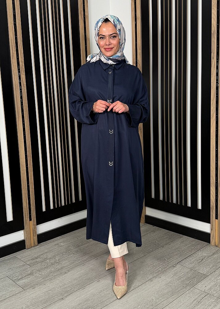 Nazlınur Collection Önü Gizli Düğmeli Yanları Yırtmaçlı Kap LACİVERT - 3