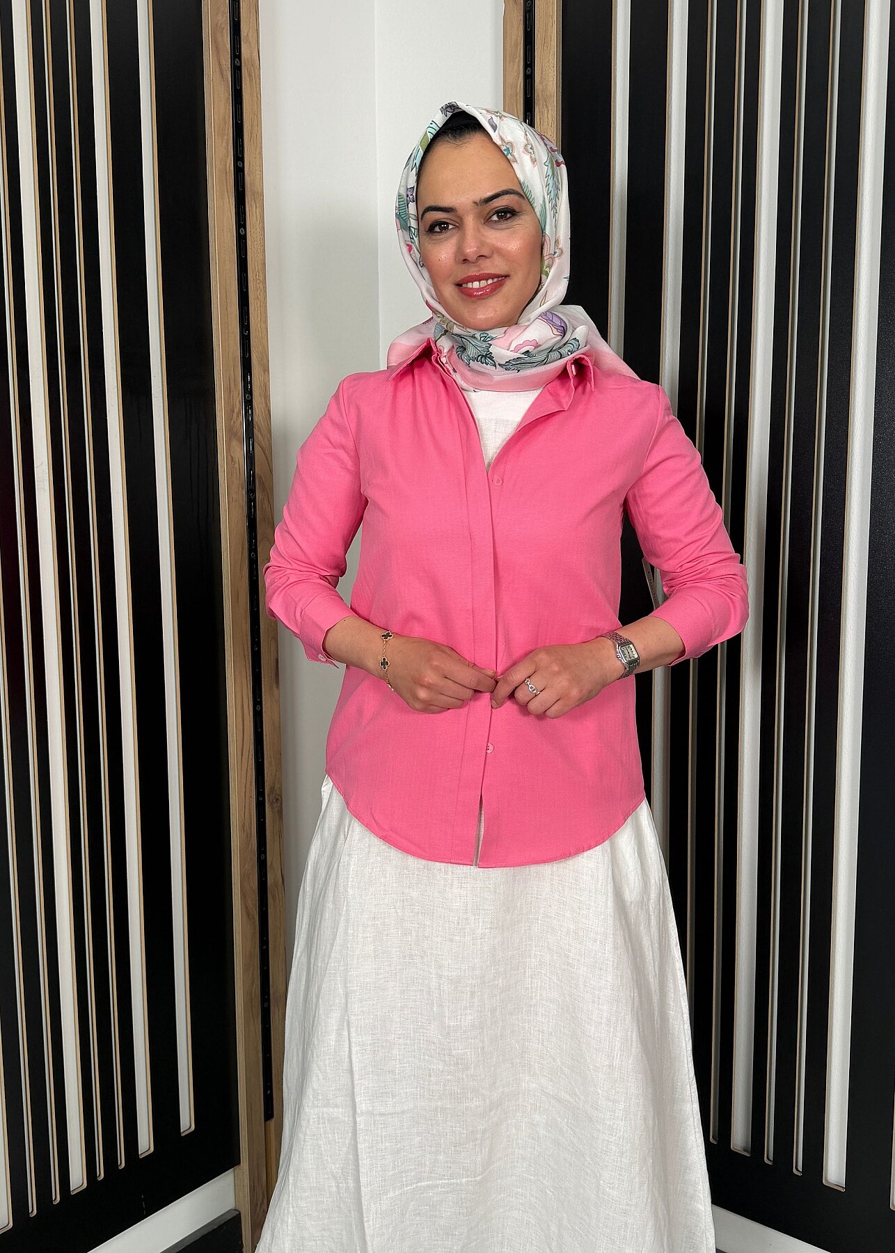 Nazlınur Collection Pamuklu Gizli Patlı Gömlek PEMBE - 3