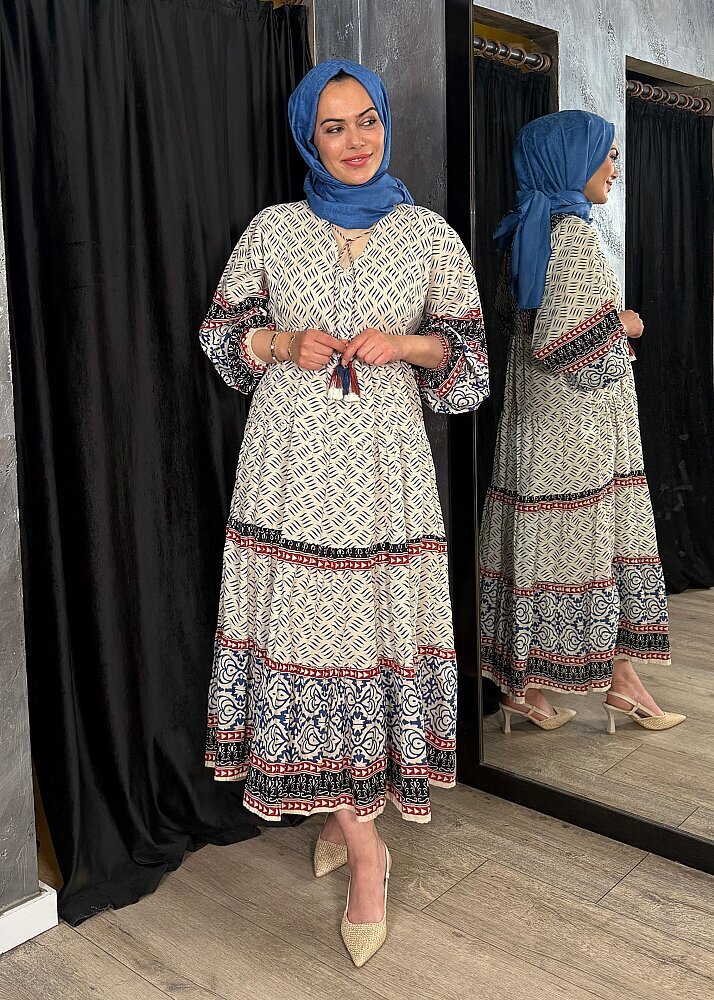Nazlınur Collection Püskül Detaylı Uzun Desenli Elbise LACİVERT