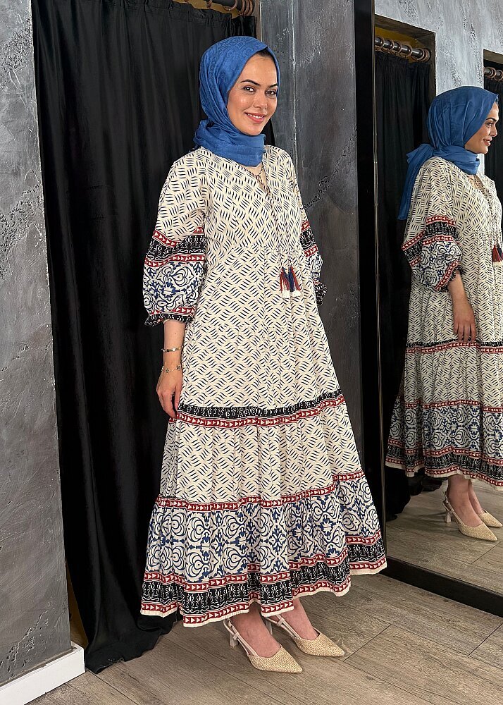 Nazlınur Collection Püskül Detaylı Uzun Desenli Elbise LACİVERT - 4