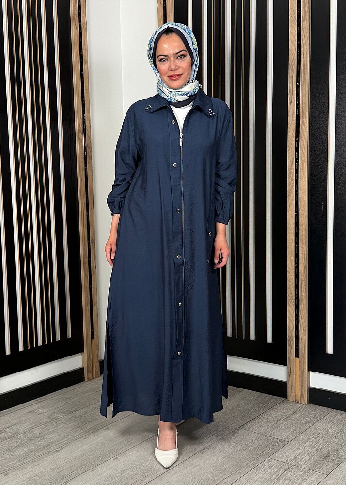 Nazlınur Collection Yakası Büzgülü Önü Fermuarlı Ferace LACİVERT - 2