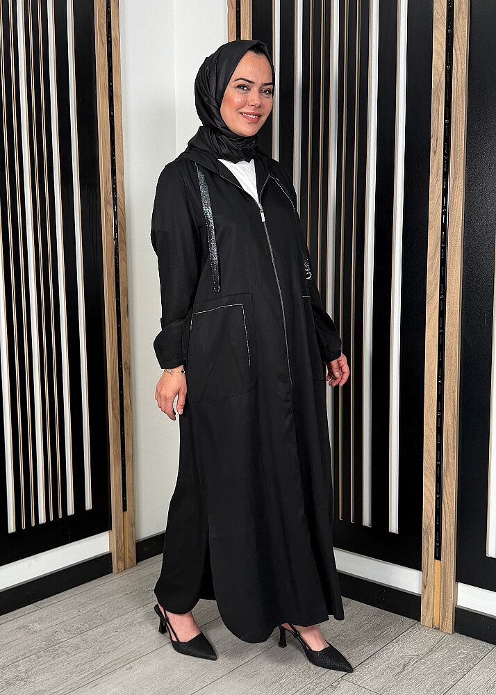 Nazlınur Collection Yakası Sim Detaylı Fermuarlı Ferace SİYAH