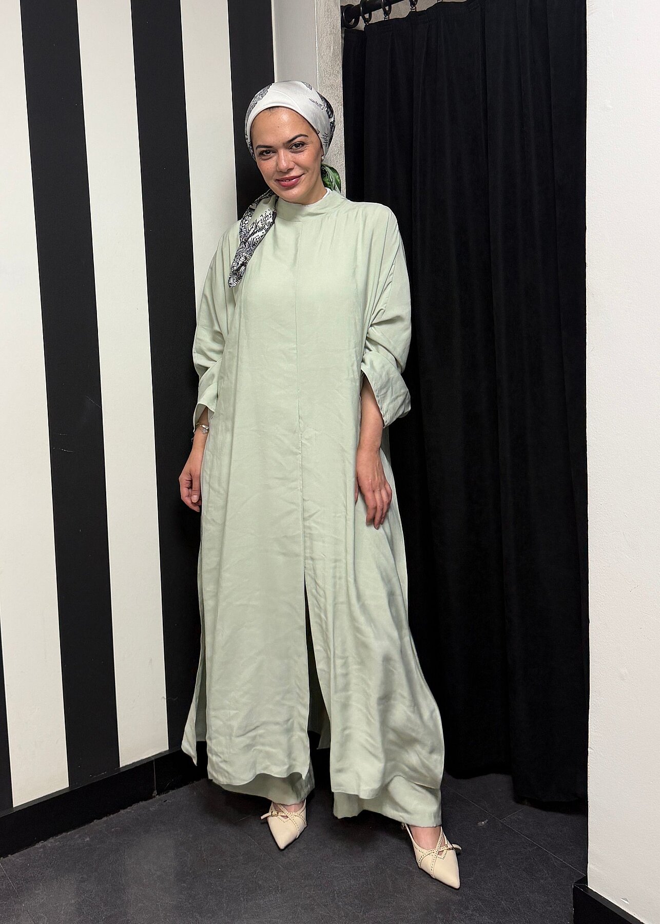 Nazlınur Collection Yanları Yırtmaçlı Fular Detaylı Pantolon Takım MİNT - 1
