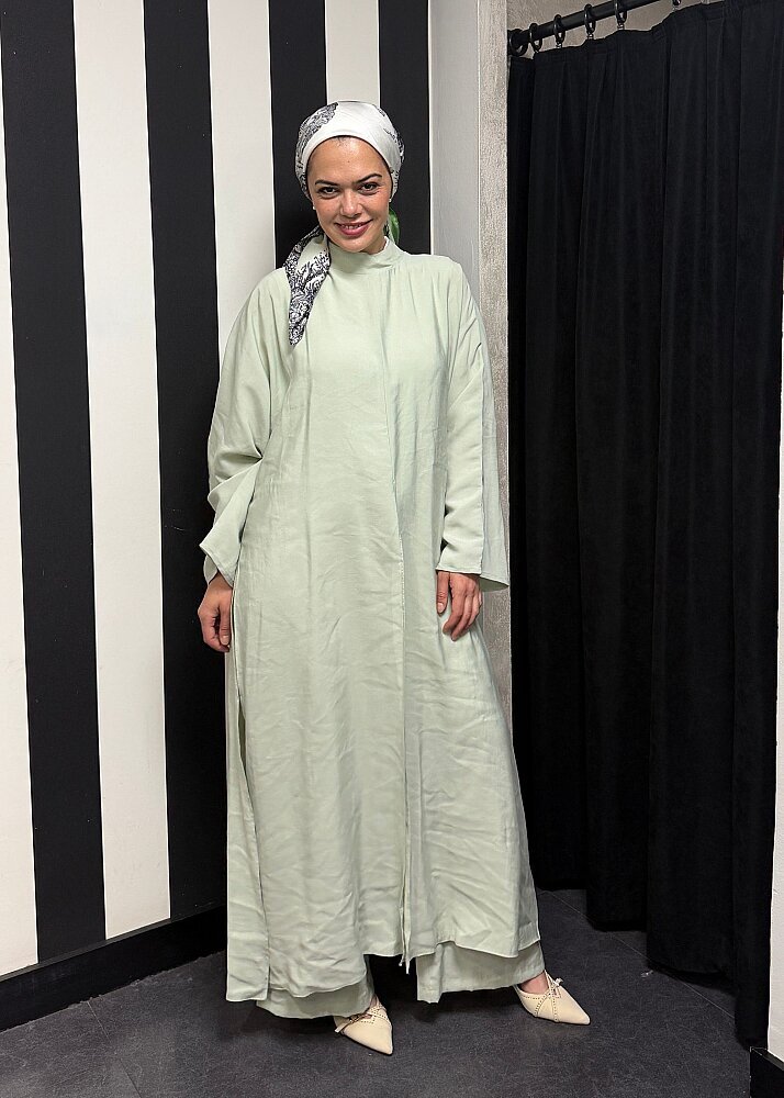 Nazlınur Collection Yanları Yırtmaçlı Fular Detaylı Pantolon Takım MİNT - 5
