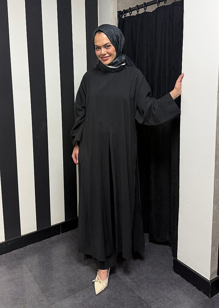 Nazlınur Collection Yanları Yırtmaçlı Fular Detaylı Pantolon Takım SİYAH - 2